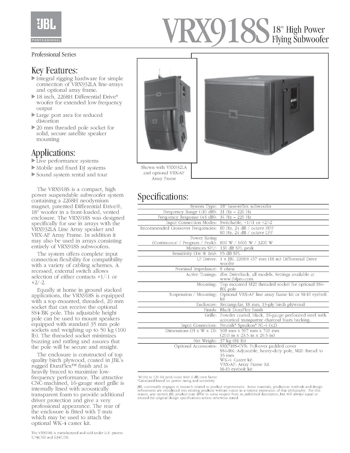 JBL, Harman VRX918S 18 inch High Power Passive Subwoofer India 2025